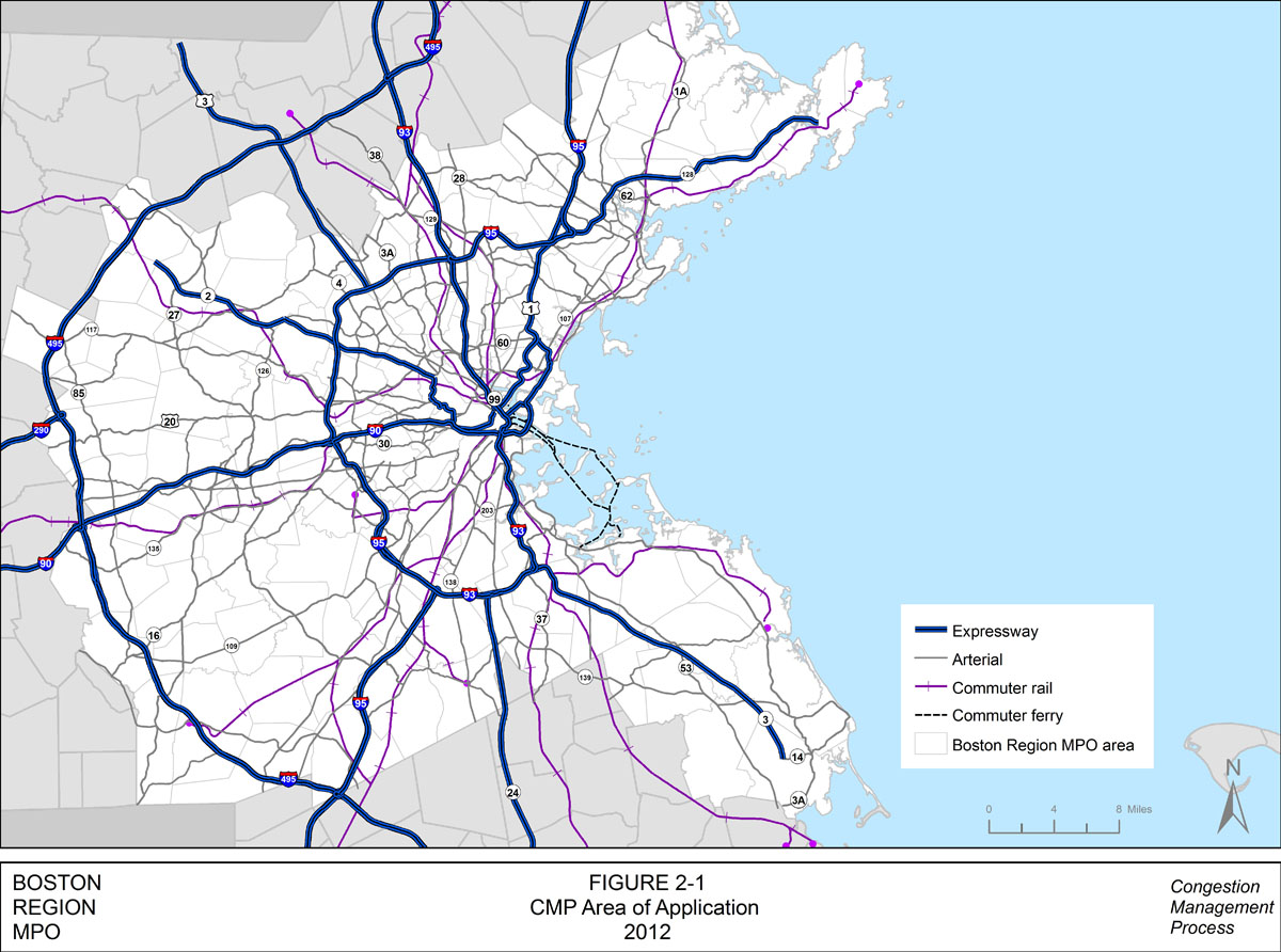 This map shows the area that is monitored by the Congestion Management Process. This area is indicated in white. Additionally, this map shows where the expressways, arterials, commuter rail lines, and commuter ferries are located within the region.